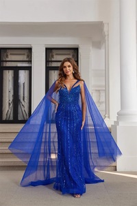 2025 <strong>Blue</strong> Luxury Dubai Beaded Lace Cape Sleeves Mermaid Evening Gown for Women Wedding Party <strong>Dresses</strong> - Product Image 2