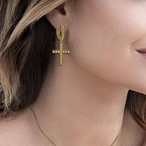 ¡Novedad de 2025! Pendientes colgantes chapados en joyería de Hip Hop, pendientes de aro con Cruz de circonita cúbica Micro pavé - Product Image 2