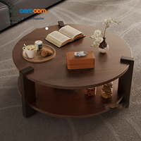 Table basse ronde moderne avec plateau en bois et étagère inférieure, meuble décoratif pour salon