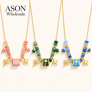 Collar con colgante de cuentas chapado en oro para mujer ASON, con estrella, sol, luna, tubo de esmalte, resina acrílica, piedra de ágata, bonito, al por mayor - Product Image 1