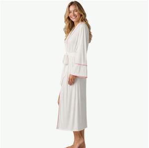 Women's Bathrobe For Women 100% Cotton Bulk Personalized Soft Bamboo Ladies Bathrobes with Pink Crochet Trim Accent - Product Image 4