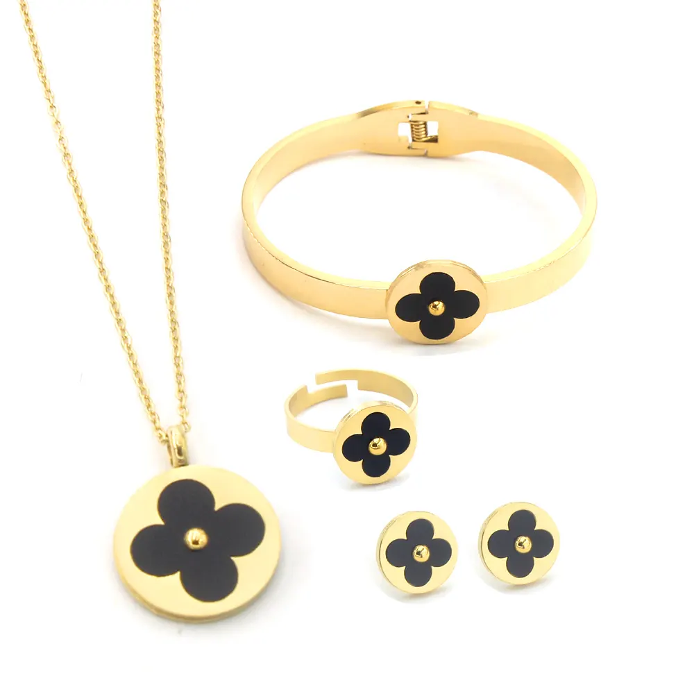 Lucky Four Leaf Clover Jewelry Set Women 316L Stainless Steel 18k Gold Plated Bracelet Necklace Earring Wedding Jewelry Set
