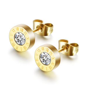 <b>Titanium</b> Steel <b>Stud</b> Earrings Rose Gold Zircon Round Bezel Setting Geometric Design Fashion Piercing Jewelry - Product Image 4