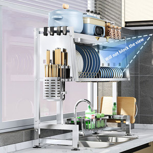 Lavabo üzerinde bulaşık süzgü raf paslanmaz çelik 2 katmanlı depolama büyük kapasiteli mutfak tezgahı çatal organizatör toz geçirmez dolap - Product Image 3