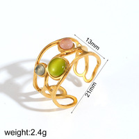 Bague pour femme en acier inoxydable, style œil de chat, avec pierre cabochon, design aile et nœud doré, ouverte et réglable, vintage, vente en gros