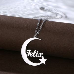 Collana con Ciondolo Luna e Stella Personalizzabile con <span class=keywords><strong>Nome</strong></span>, Placcata in Oro 18K, Catena a Maglie per Donne, Gioielli Classici da Festa in Acciaio Inossidabile - Product Image 1