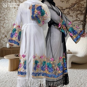 9.9 Big Sale Open Abaya Breathable Mesh With Flowers Embroidery With Tassel Bottom Modest Muslim Dubai Women Abaya No Inner 1904 - Product Image 1