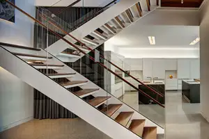 CBMmart Indoor Straight Wood Tread Glass Railing Modern Floating Staircase Ono Stringer Staircase Single Stringer Staircase