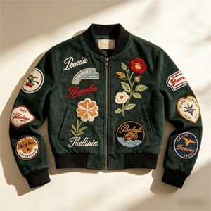 Custom <strong>Vintage</strong> Motorsport <strong>Women's</strong> Green Floral Suede Bomber <strong>Jacket</strong> with Embroidery Reversible Eco-Friendly Autumn Varsity <strong>Jacket</strong> - Product Image 4