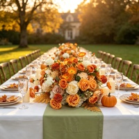 Centres de table modernes pour grandes fêtes de mariage, roses oranges avec plantes, boule de fleurs en soie