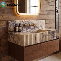 Vasque murale flottante en marbre naturel StoneSun Calacatta Viola, rainurée, faite à la main, pour salle de bain de villa
