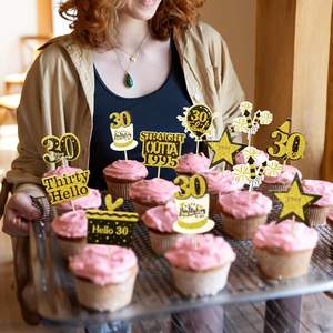 Gyufise - 36 Adornos para Cupcakes <span class=keywords><strong>de</strong></span> 30 <span class=keywords><strong>Cumpleaños</strong></span>, Número 30, Caja <span class=keywords><strong>de</strong></span> Regalo con Estrella, Decoraciones para Pastel con Purpurina Negra y Dorada, Artículos para Fiesta - Product Image 6