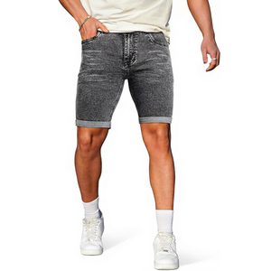 Shorts en jean délavé pour homme, taille mi-haute, coupe droite, décontracté, été, coton respirant avec poches - Product Image 1