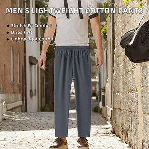 Unisex Lightweight 100% Cotton Casual Breathable Stretch Drawstring Mid Waist Flat Front Worsted <b>Trousers</b> for Summer - Product Image 2