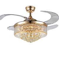 Ventilateur de plafond LED en cristal doré en acier inoxydable de luxe, design moderne de haute qualité, télécommande, intensité réglable pour chambre et salon