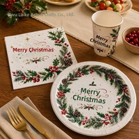 Nouvelles fournitures de vaisselle jetable de Noël à thème houx, style classique, 25 pièces – Assiettes, serviettes et gobelets en papier – Vente en gros