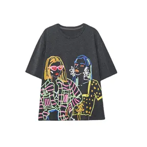 Streetwear puf baskı Premium moda Retro eğlence Polo yıkanmış t-shirt kadınlar için