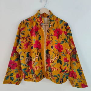 Veste en velours à imprimé oiseau moutarde, manteau matelassé en velours bohème, robe de demoiselle d'honneur, veste en velours, manteau matelassé en velours fait main - Product Image 1