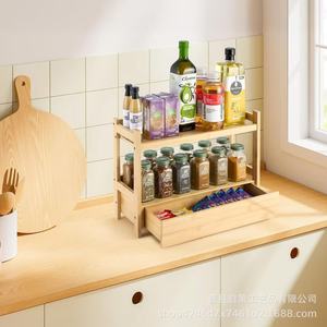 Wooden Storage Rack 3 Tier With Drawer <b>Desktop</b> Kitchen Condiment Organizer Natural Wood Color - Product Image 1