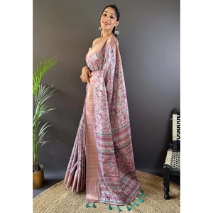 Sari de Seda Assam Lavanda con Estampado Kalamkari y Borde Tejido con Hilo Zari de 500g para Fiesta - Product Image 5