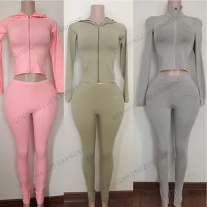 2024 Clothing Manufacturers Custom Women's Sets Long Sleeve Zipper Basics Hoodie Jacket Flare Pants 2 Piece Tracksuits For Women
