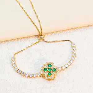 Cubic Zirconia Rotating 4 Leaf Flower Gold-plated Pendant Titanium Steel Necklace Bracelet Ring Jewelry Set