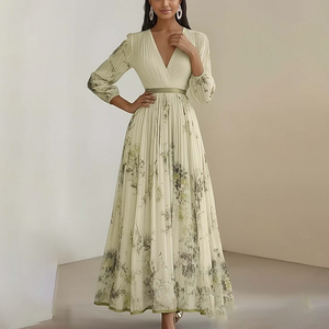 Abito Lungo Elegante <span class=keywords><strong>con</strong></span> Stampa per Donna, Scollo a V Profondo, Maniche Lunghe, <span class=keywords><strong>Gonna</strong></span> <span class=keywords><strong>Plissettata</strong></span> a Trapezio, Vestito Casual <span class=keywords><strong>con</strong></span> Stampa, Spedizione Rapida - Product Image 2
