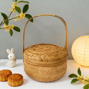 Panier-cadeau en bambou pour gâteaux de lune, rond avec couvercle, pour le stockage des aliments, utilisation en cuisine, petite et grande taille 25cm 28cm - Product Image 3