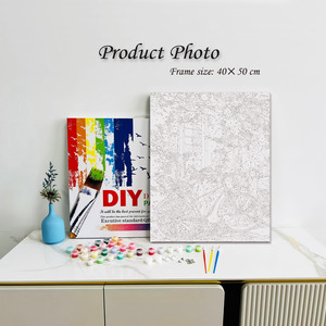 Kit d'art sur toile : Vélo bleu, scène florale, impression numérique, rectangle, peinture à la main, DIY, décoration florale rose, peinture par numéros - Product Image 2