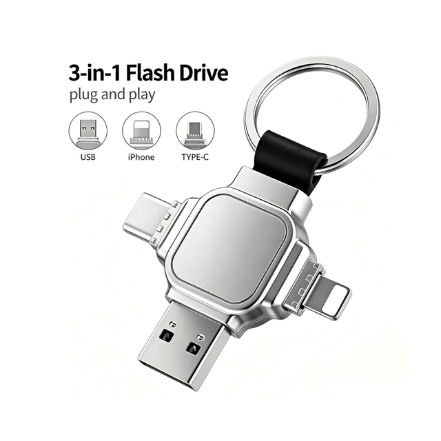 3-in-1 Metal USB Flash Drive with USB 2.0  8GB 16GB 32GB 64GB 128GB 256GB Pen Drive 2-Year Warranty