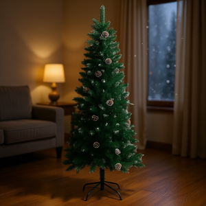 Árbol de Navidad artificial de PVC verde de 59.1 pulgadas con piñas y base, árbol decorativo para interiores. - Product Image 2