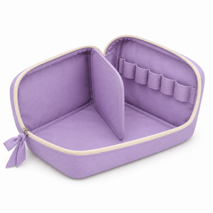 Pochette de rangement double compartiment pour accessoires technologiques et cosmétiques, avec breloque nœud, organisateur de câbles, couleur lilas crème, sac de toilette, logo personnalisé, cadeau - Product Image 4