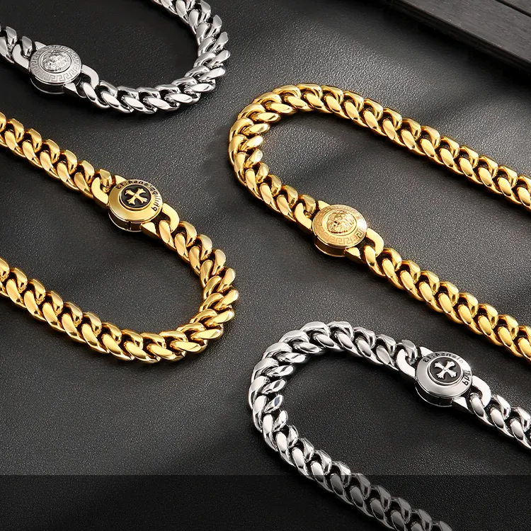 Newest 12mm Cuban Link Curb Chain for Men Bracelet 18K Gold Filled Lion Necklace Boy Cross Button Clasp Miami Cuban Link Chain