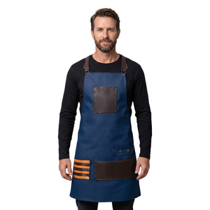 Tablier de coiffeur professionnel robuste en jean bleu avec accents en cuir et bretelles croisées, capes et tabliers de barbier - Product Image 3