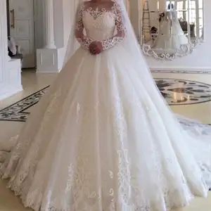 2024 फैशन लंबी आस्तीन गोल गर्दन प्लस आकार के शुद्ध सफेद गेंद की पोशाक पोशाक सुरुचिपूर्ण फीता एपलिस राजकुमारी ब्राइडल गाउन