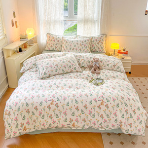 Calidad Simple estilo francés Pastoral encaje pequeño Floral impreso hoja edredón conjunto de cuatro piezas ropa de cama transpirable 4 tamaños-King - Product Image 3