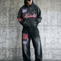 Ensemble survêtement streetwear oversize vintage délavé à l'acide avec logo brodé personnalisé, comprenant un sweat à capuche zippé épais et un pantalon de jogging