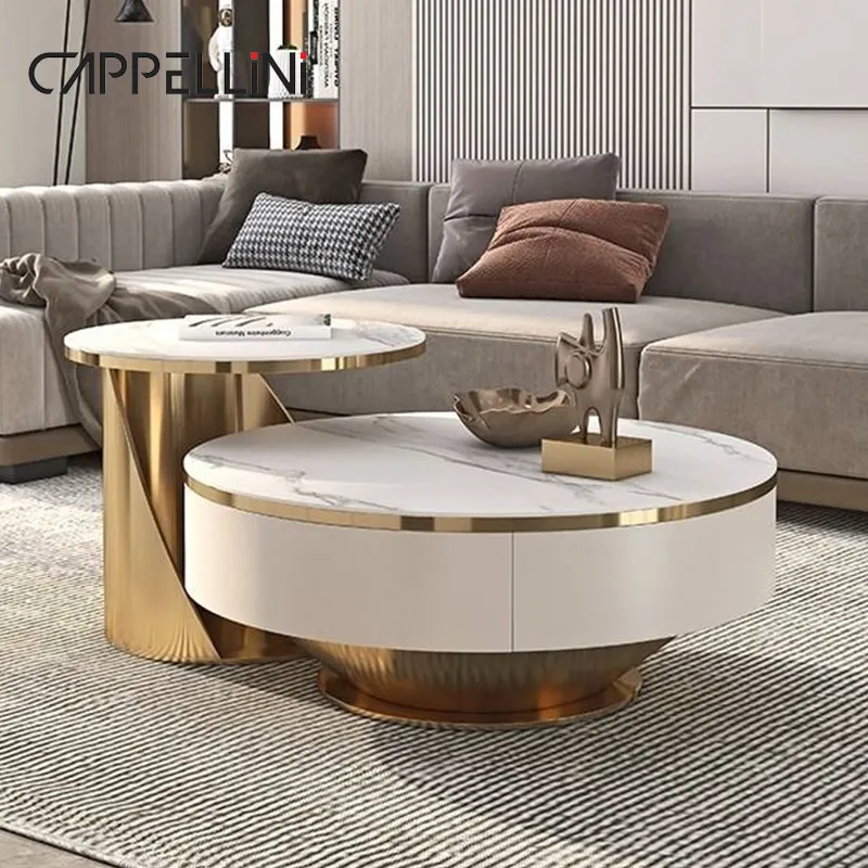 आधुनिक लिविंग रूम सफेद गोल संगमरमर कॉफी टेबल सेट लकड़ी के फर्नीचर सोने की धातु लक्जरी केंद्र टेबल