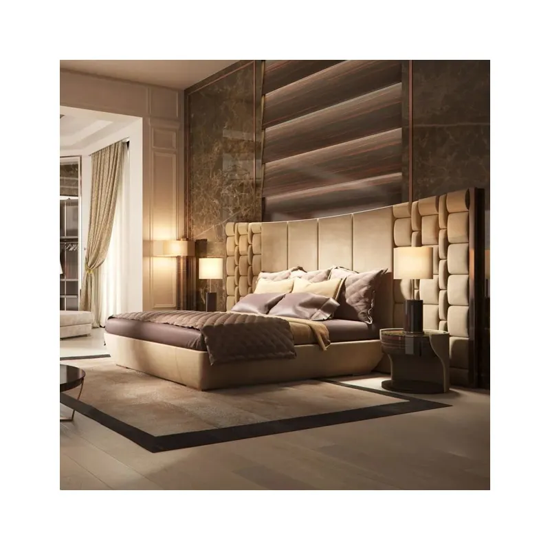 Juego de camas italianas de lujo para habitación, tamaño King camas de metal de cuero, muebles modernos tapizados con mechones de terciopelo, cama doble tamaño Queen