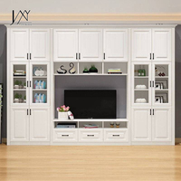 Meuble TV mural américain et bibliothèque combinés, avec portes vitrées blanches, bibliothèque de présentation et console TV intégrées