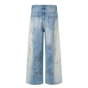 Vaqueros anchos OEM para hombre, blancos con salpicaduras de pintura, lavado sucio azul claro, efecto manchas de barro, estilo vintage de <span class=keywords><strong>pintor</strong></span> - Product Image 2