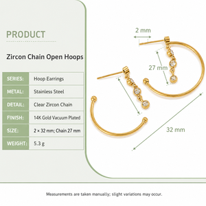 Pendientes de Aro Abierto con Cadena de Circonitas, Acero Inoxidable, Chapado al Vacío en Oro de 14K, Joyería con Cristales Grandes Colgantes - Product Image 4