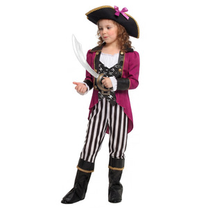Ensemble de costumes de pirate pour filles, pantalon rayé noir et blanc, veste violette, chapeau de capitaine, épée incluse, tenue d'Halloween pour enfants - Product Image 2