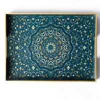 Plateau décoratif en forme de rectangle avec poignées Plateaux de service de petit-déjeuner en plastique de style marocain vert pour table basse ottomane