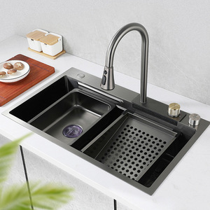 Évier de cuisine à un seul bol de luxe Offre Spéciale moderne fait à la main <span class=keywords><strong>Millet</strong></span> chute d'eau avec robinet extractible soulevant trois trous Nano Surface - Product Image 2
