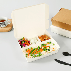 Disposable Biodegradable Four Squares Kraft Lunch Paper Meal Box For Food Packaging