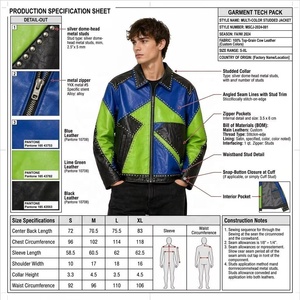 Chaqueta de Motero de Cuero Genuino con Tachuelas para Hombre OEM, Diseño Personalizado con Bloques de Color, Piel de Cordero Brillante, Ropa Exterior Moto para Estilo Punk Urbano, Venta al por Mayor - Product Image 3