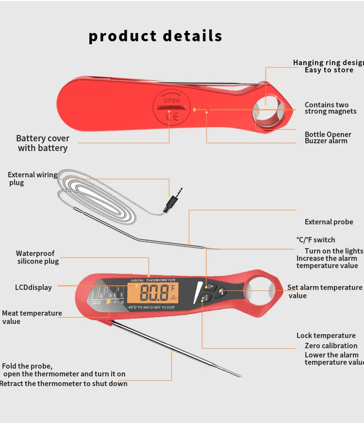 New product2 in 1 Meat Thermometer Food Thermometer with 2 Probes Alarm Setting Backlight Temp Chart and Magnet Meat Thermometer