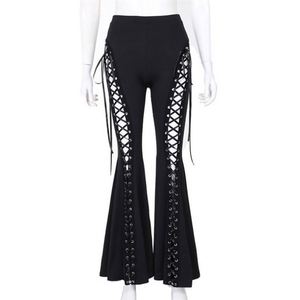 Pantalon noir pour femme, style punk, à œillets, à lacets, taille haute, évasé, gothique, à découpes et à bandes - Product Image 1