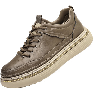 Men's Spring Casual Leather Sneakers Round Toe Lace-up Light Weight Walking Shoes Solid Color <b>Rubber</b> Outsole Cow Leather Upper - Product Image 5